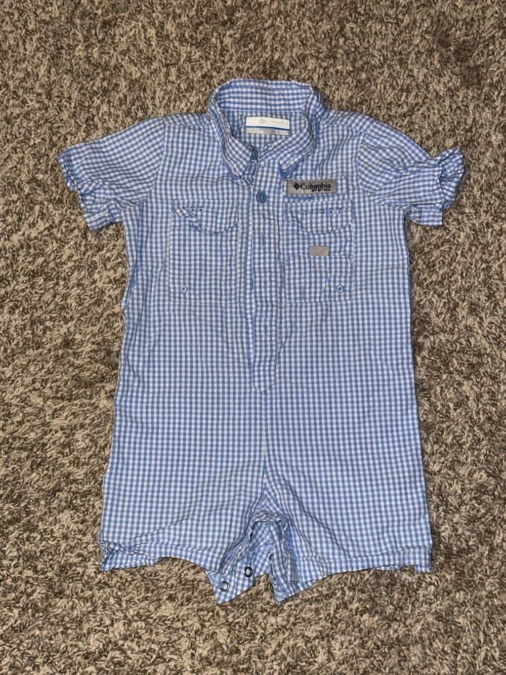Columbia PFG Baby Blue Gingham Romper 12-18 Months